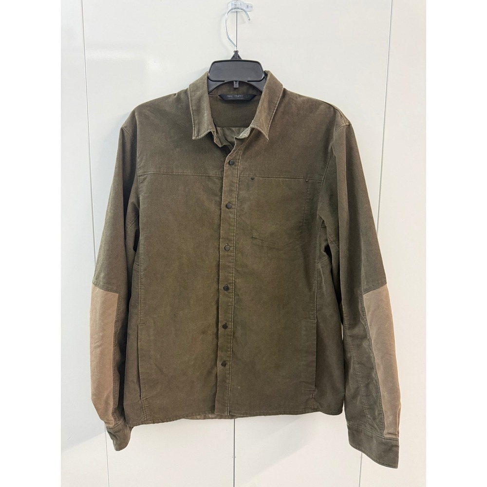 Arcteryx Mens Corduroy Snap Front Shirt Olive Green Elbow Patches Logo